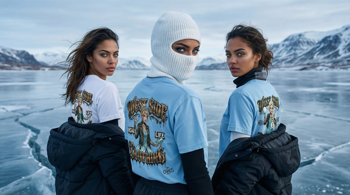 Trois modèles portant les véritables t-shirts Real Life Princess devant un lac gelé