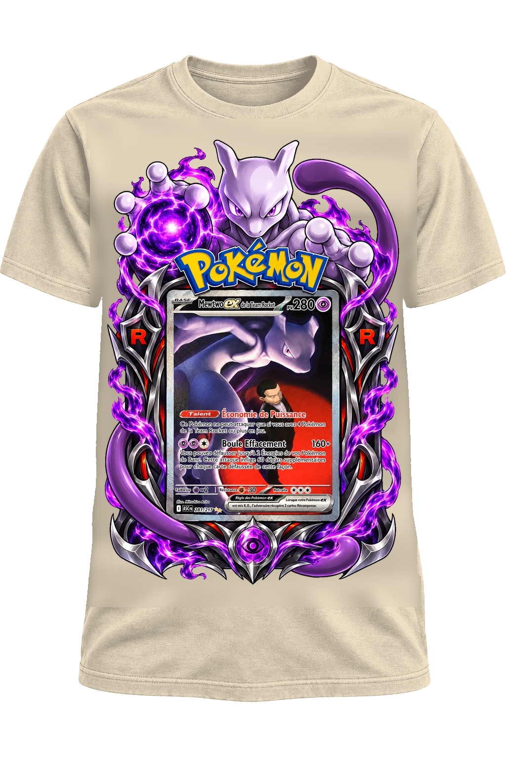 Tee-shirt Mewtwo ex de la Team Rocket 281/217 beige — West Side Clothing