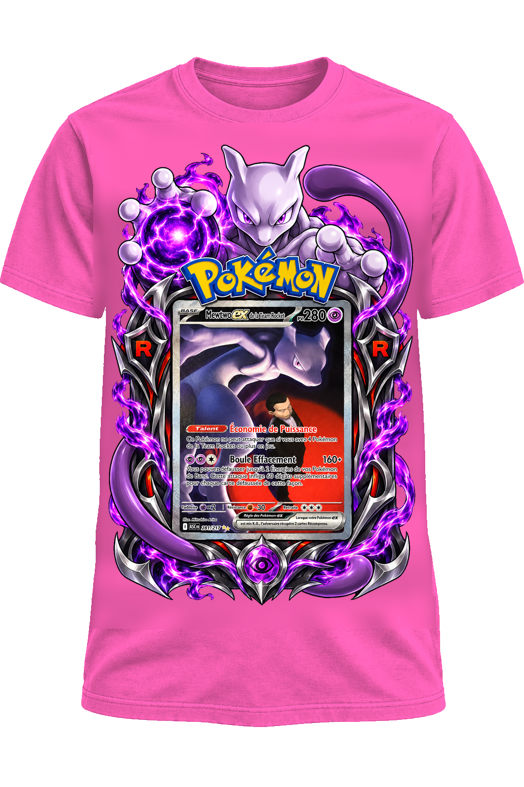 Tee-shirt Mewtwo ex de la Team Rocket 281/217 rose — West Side Clothing