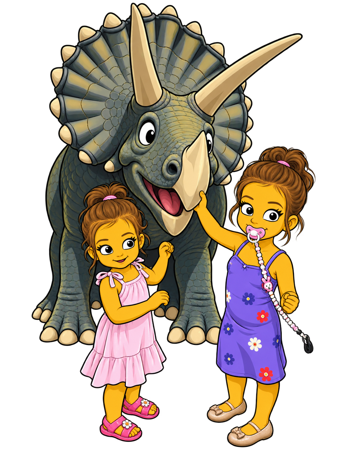 Les deux enfants West Side avec leur dinosaure en illustration cartoon.