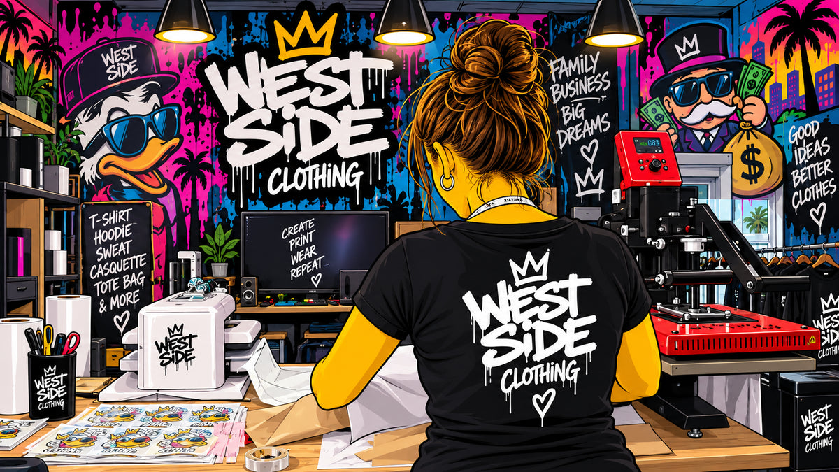 L’atelier West Side en illustration cartoon, avec ses créations et ses machines.